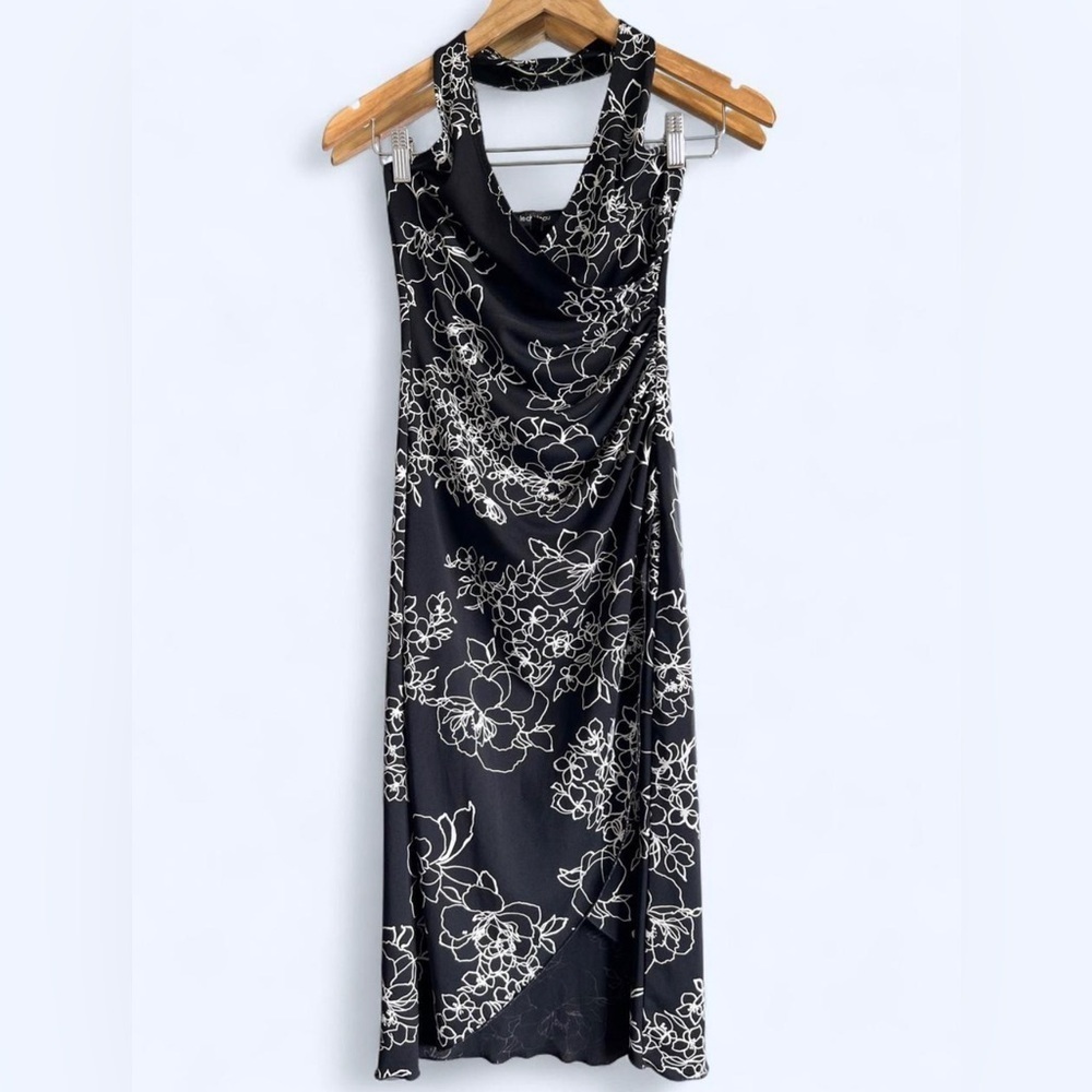 Le Chateau Y2K Black Floral Halter Midi Dress Ruched Bodycon Goth Whimsigoth XSโ